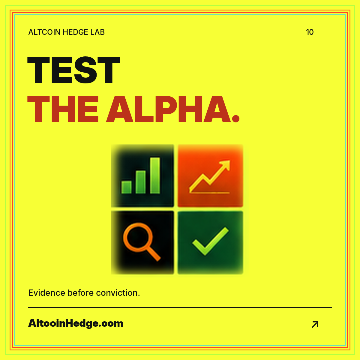 Neon Test the Alpha typography with research, chart, and validation symbols.