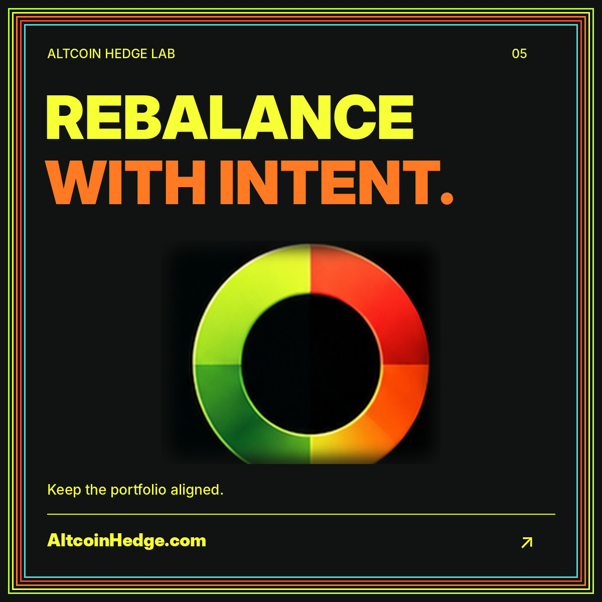 Neon Rebalance with Intent typography above a segmented portfolio ring.